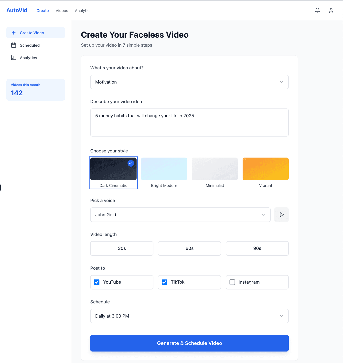 AutoVid Product Interface - Create Your Faceless Video